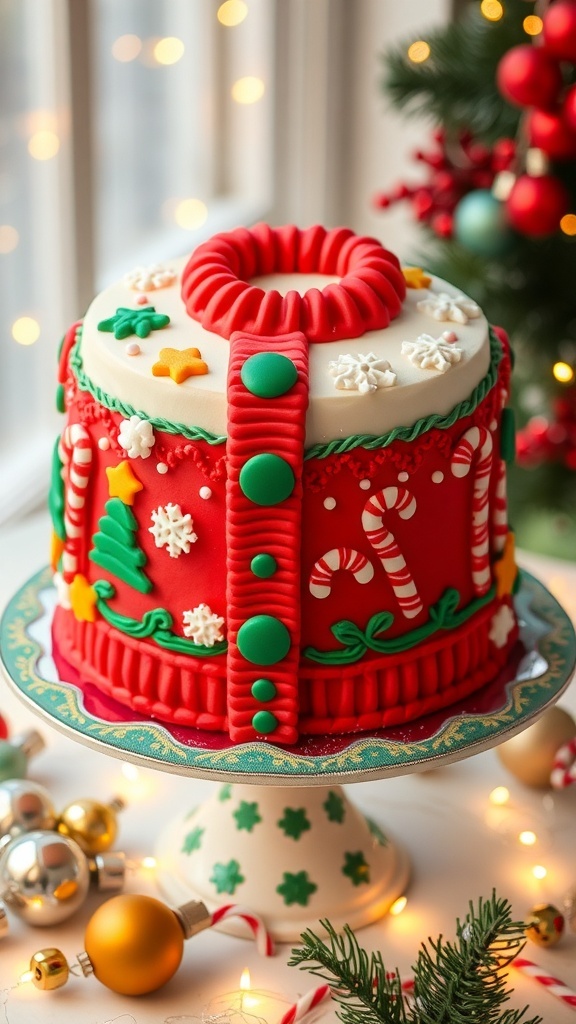 Ugly Christmas Sweater Party Cake Recipe A colorful cake resembling an ugly Christmas sweater, decorated with fondant patterns and festive decorations.